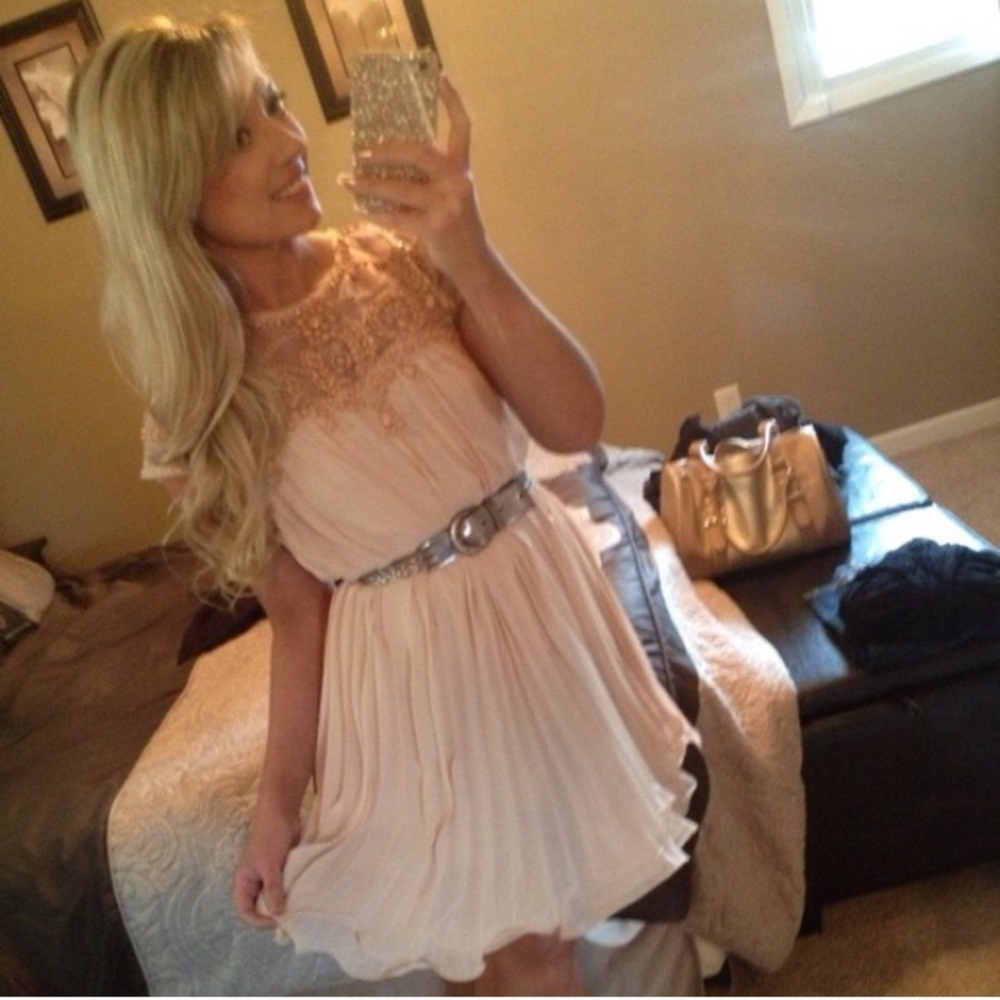 Women's Lace Yoke Chiffon Pleated Dress in Blush